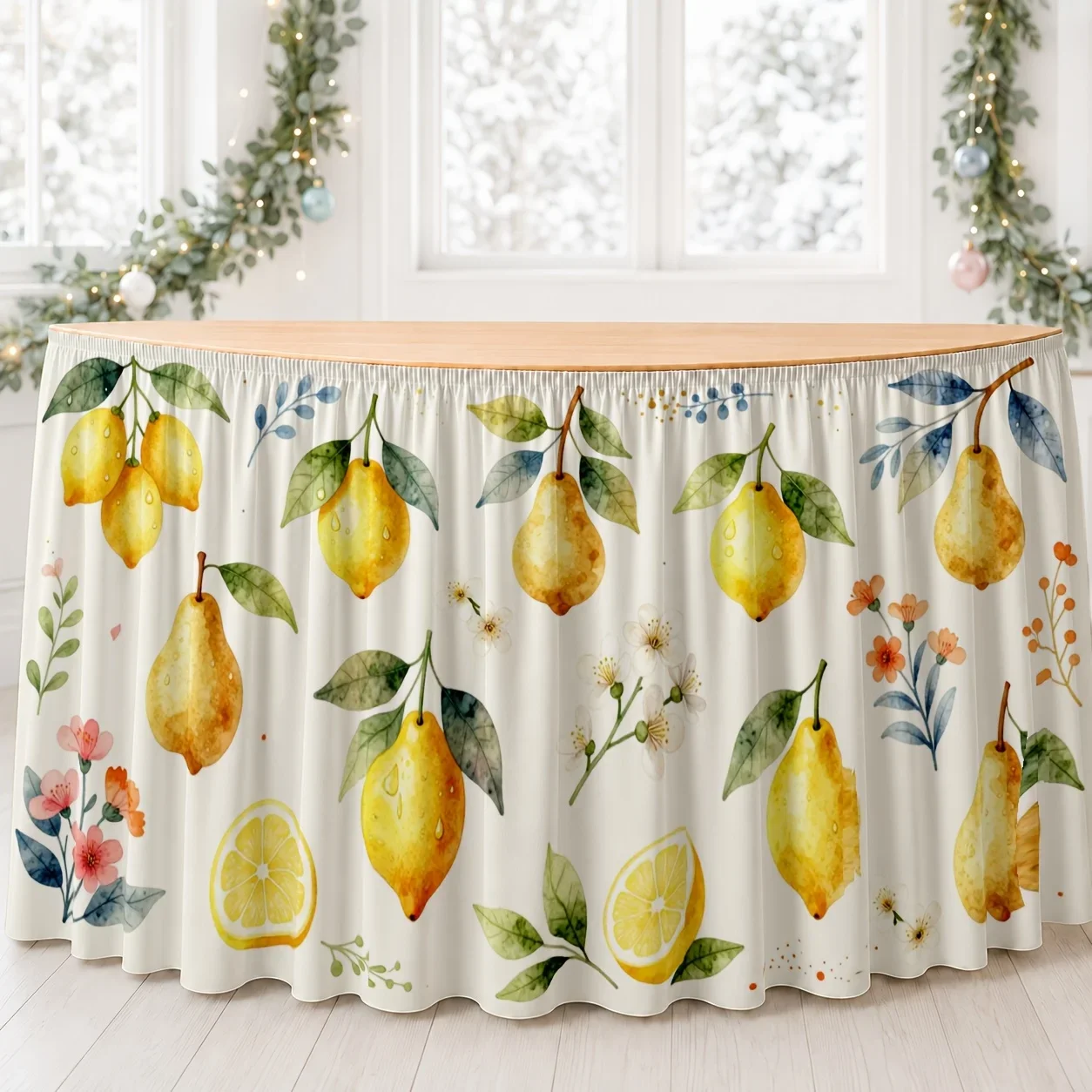 One table skirt. Lemon and pear flower print table skirt. Polyester watercolor plants fresh look.