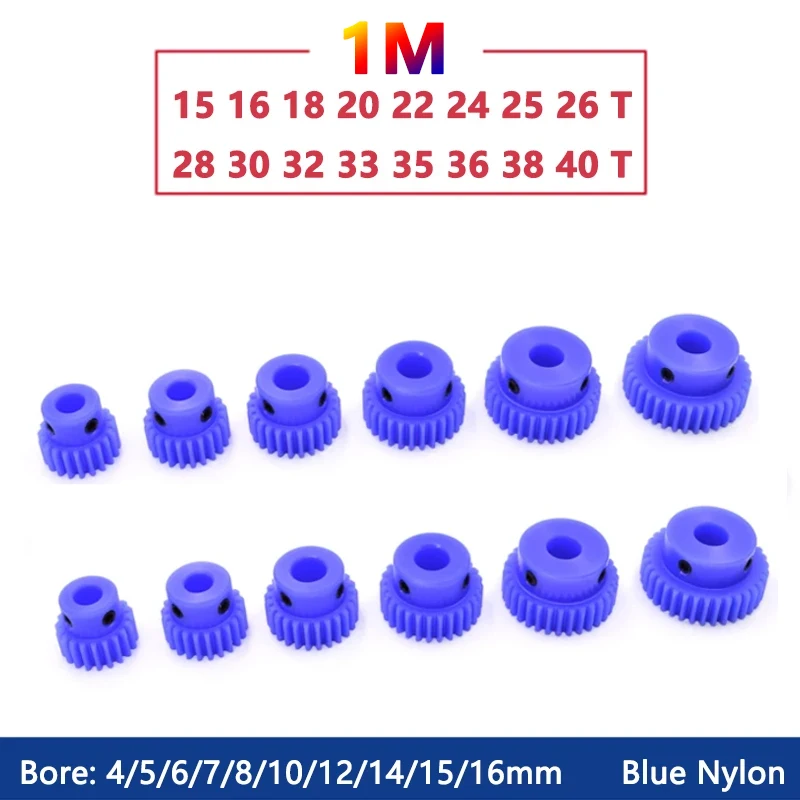 1 ud. Engranaje de Espuela de Nylon Azul 1M 15T-40T (15, 16, 18, 20, 22, 24, 25, 26, 28, 30, 32, 33, 35, 36, 38, 40 Dientes) de Plástico para Motor, Diámetro Interior 4/5/6/7/8-16mm