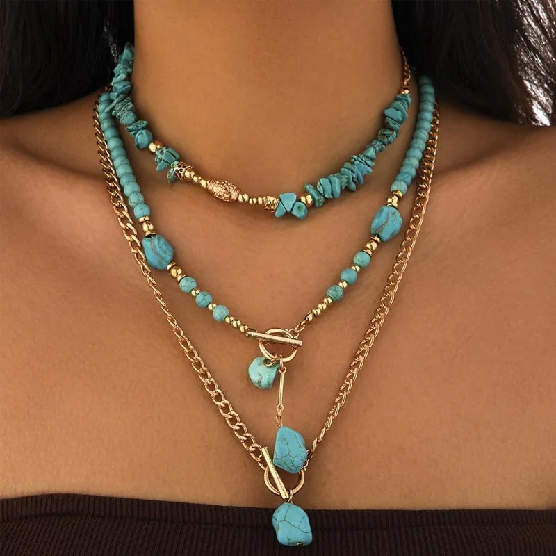 Chunky Turquoise Necklaces for Women Girls Vintage Gold Statement Bohemian Layered Necklaces Charm Beaded Choker Western Jewelry view 5