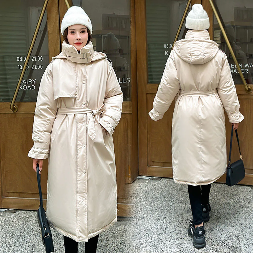 2024 Winter New Hooded Women's Parka Padded Clothing Midi Length Loose Minimalist Tooling Warm Coat Female Cotton Jacket Outwear