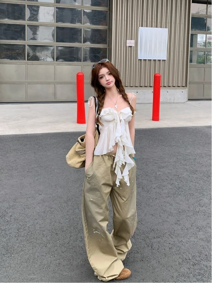 

Elegant Washed Wide Leg Casual Pants Two Piece Set for Women with Wood Grain Strap Tops Loose Fit Summer Fashion Outfit
