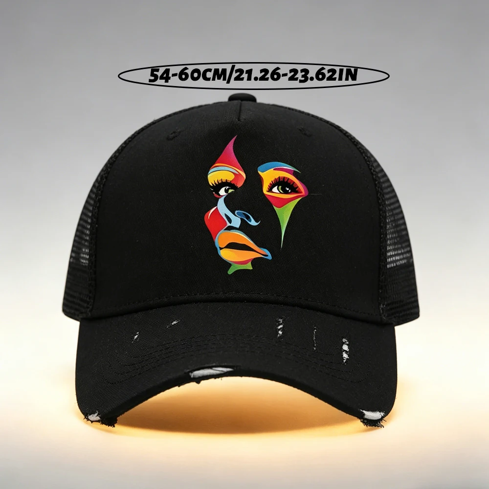 Unisex Adjustable Tear Style Baseball Cap With Portrait Graffiti Pattern Print Design, Breathable Mesh, Suitable For Outdoor