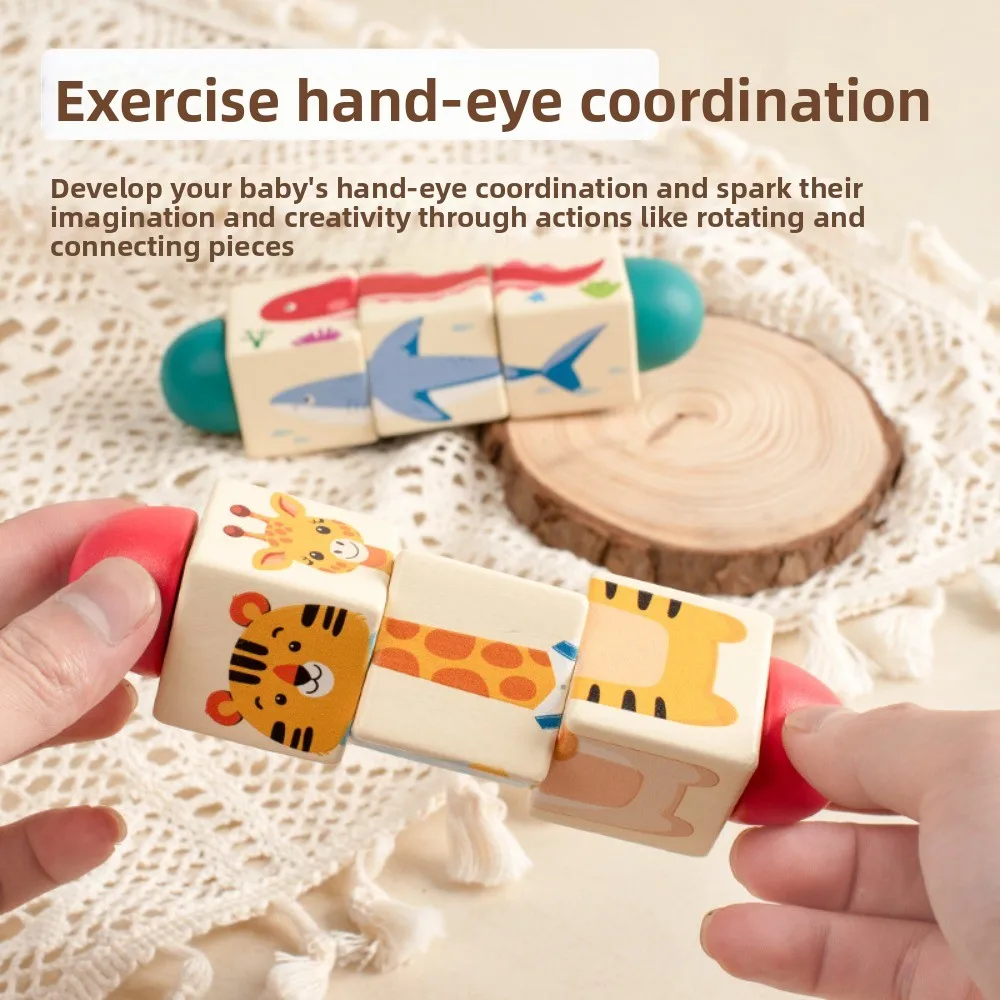 Giocattolo educativo di puzzle di rotazione animale in legno Giocattolo educativo Blocchi di puzzle rotanti di cartone animato Giocattolo di abbinamento