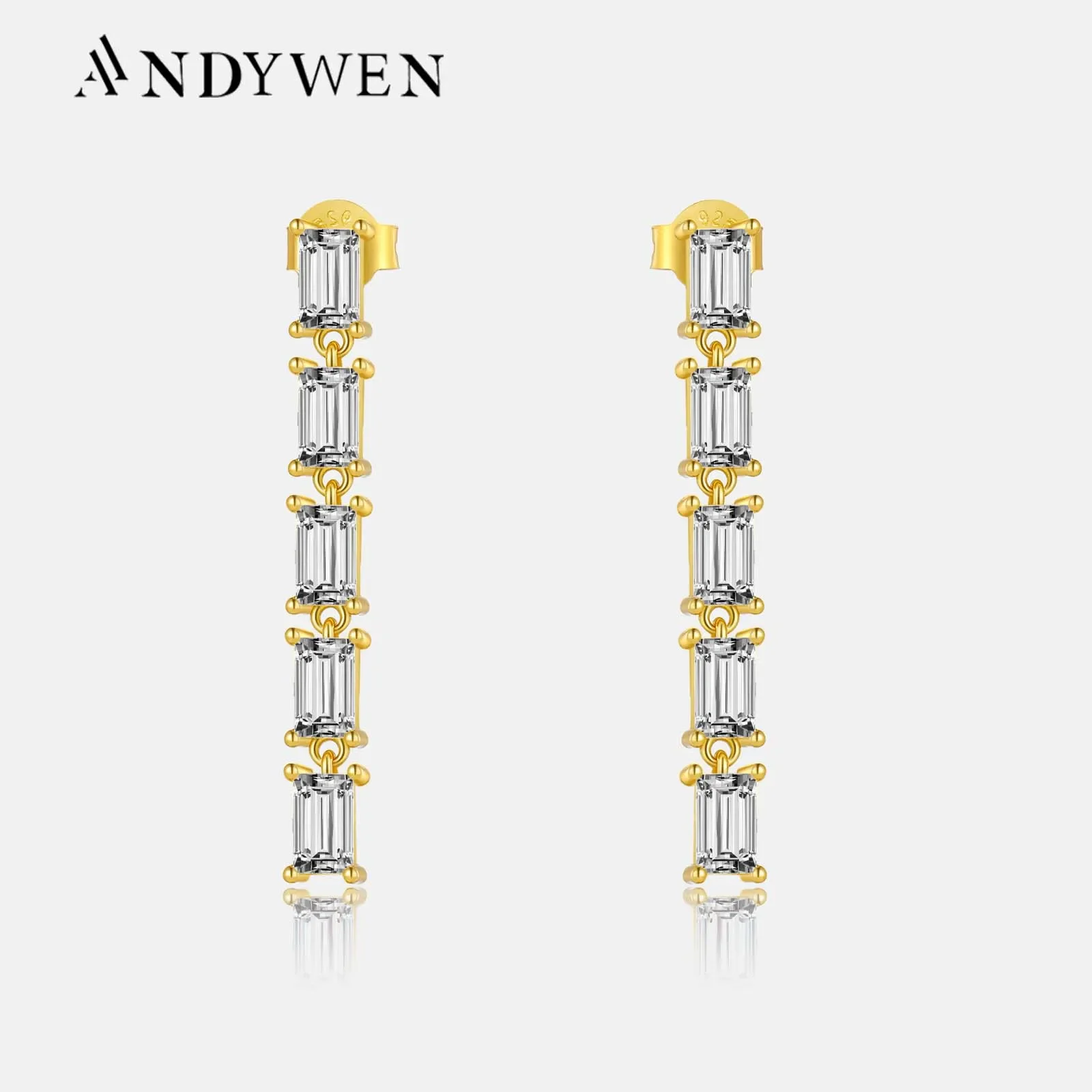 ANDYWEN 925 Sterling Silver Gold 3mm Zircon Square Rectangle Crystal Drop Earring Luxury Fine Jewelry 2023 Large For Women