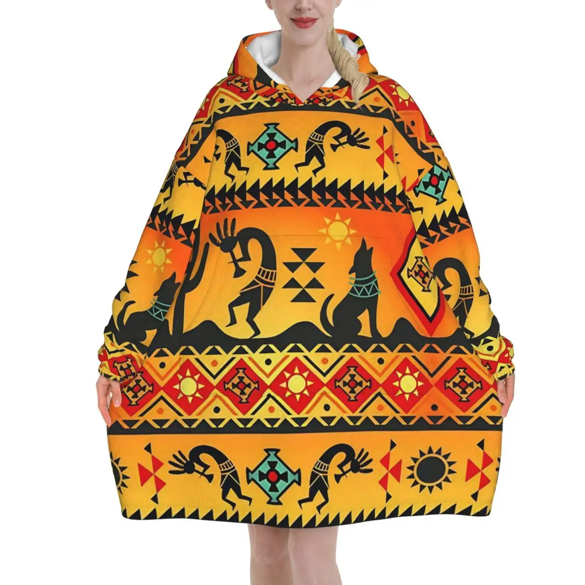 ART African Ethnic-Style Wearable Blanket Hoodie Warm Cozy Large Blanket Sweatshirt Thick Fleece Hooded Blanket with Pocket
