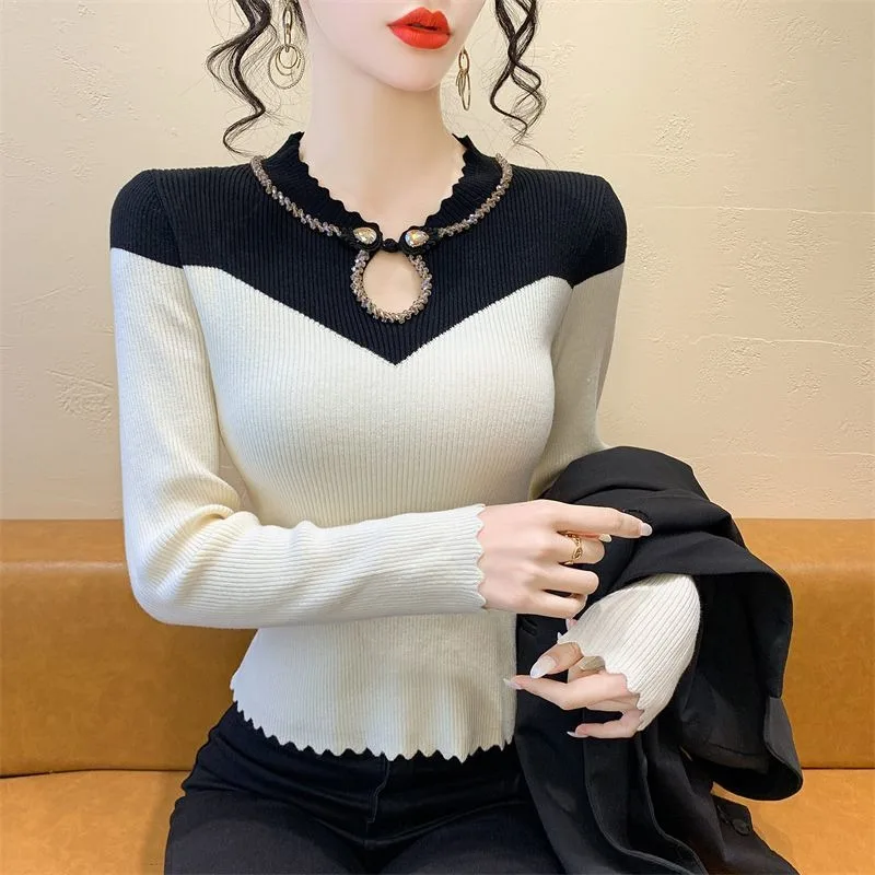 

2025 Новый вязаный вязаный облегающий свитер с цветными блоками, осенне-зимний топ с длинными рукавами и длинными рукавами