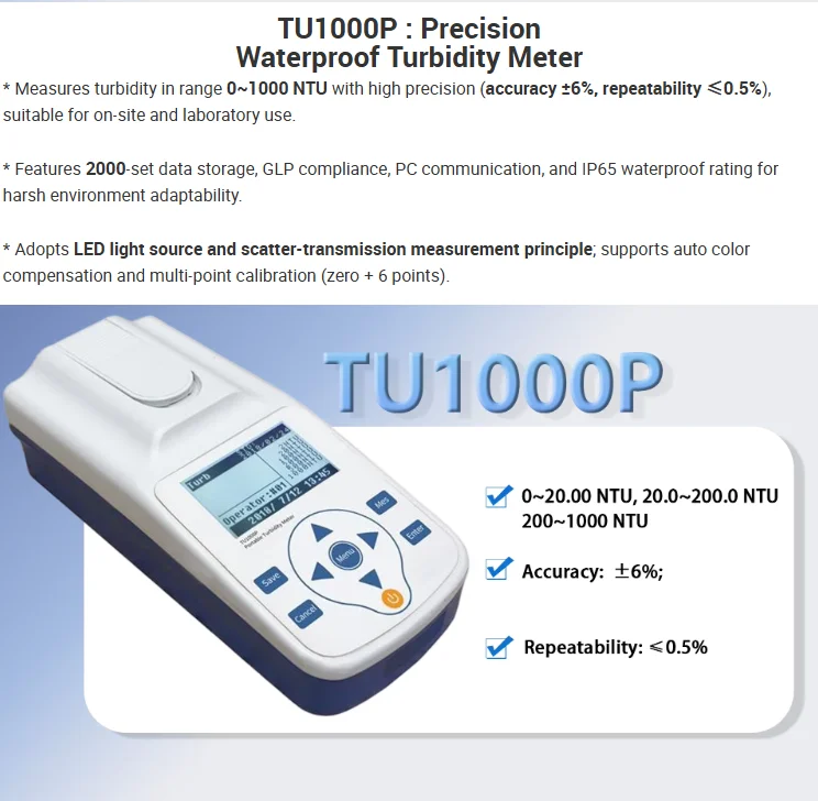 TU1000P Handheld ph Meter Turbidity Tester Nephelometric ISO 7027 with 2000 Data Storage for Environmental Monitoring