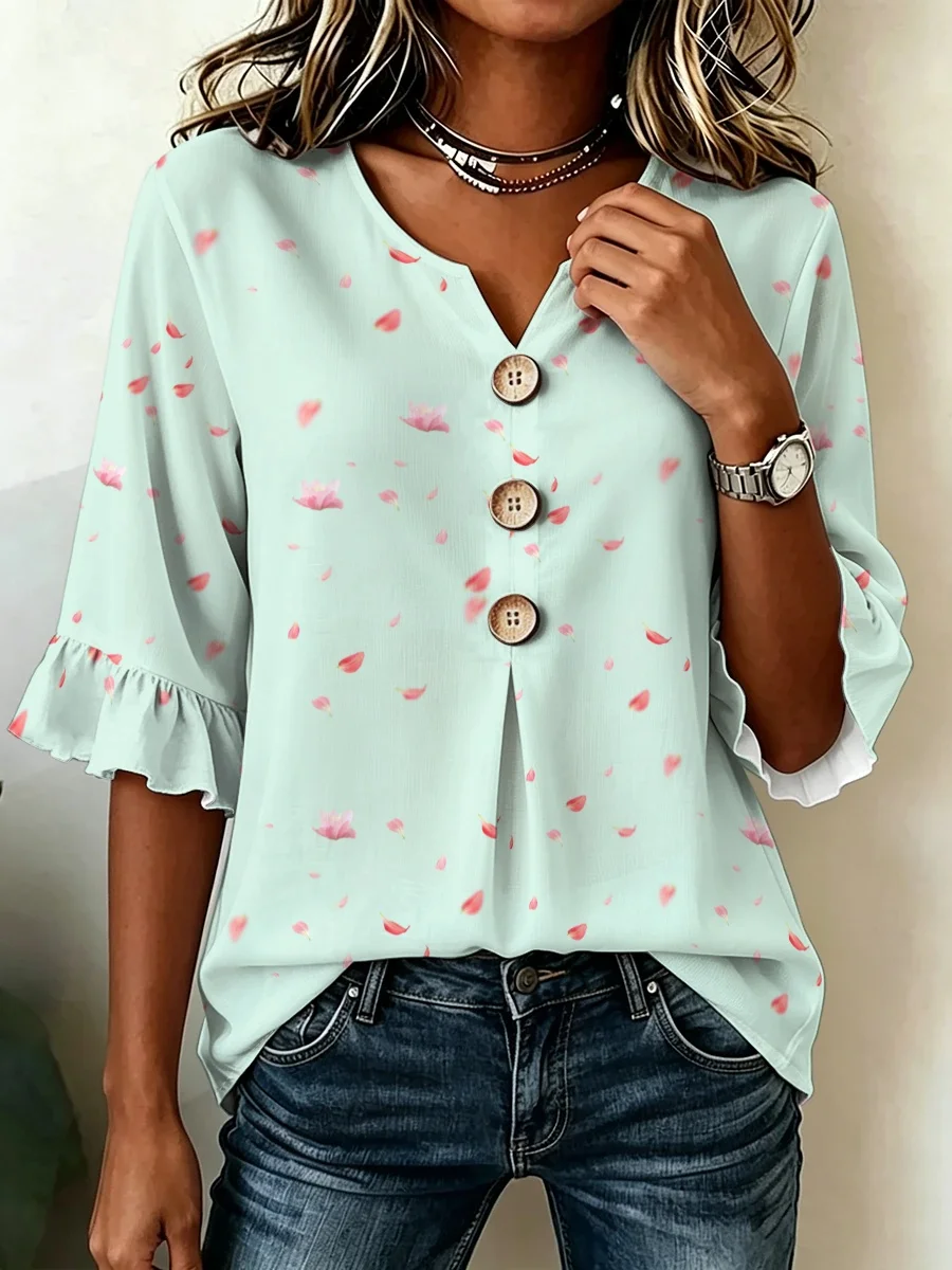 Women Summer 3/4‑Sleeve V‑Neck Printed Blouse, Minimal Petal‑Print Top, Romantic & Elegant for Date Relax Commute Casual Wear