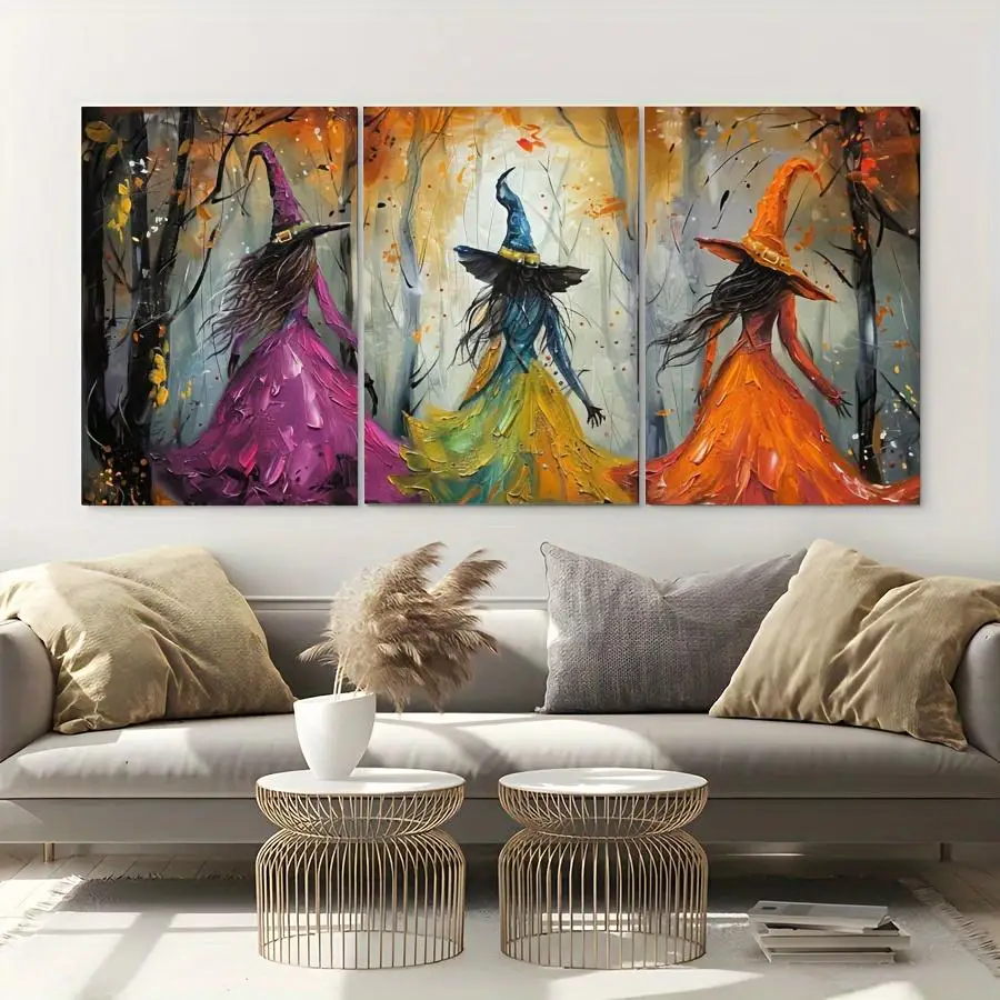 3 witches, colorful robes, autumn forest - modern abstract wall decoration 2D flat printing frameless painting