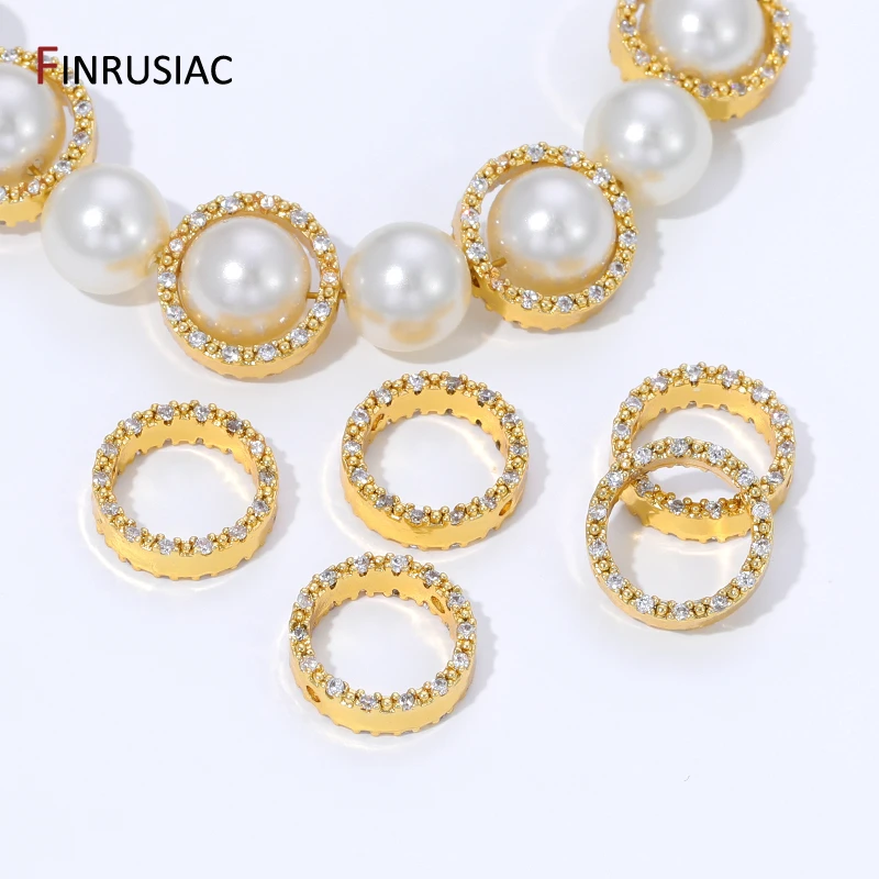18K Gold Plated Brass Zircon Round Bead Frame,Through Hole Frame Wrapped Bead Connector For DIY Jewelry Making Accessories