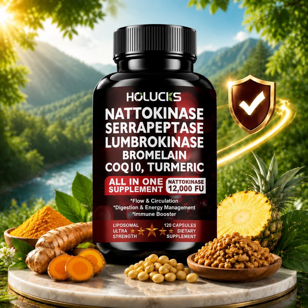 Nattokinase Serrapeptase Lumbrokinase Capsules with Curcumin CoQ10, Support Blood Circulation, Antioxidant, Relieve Inflammation