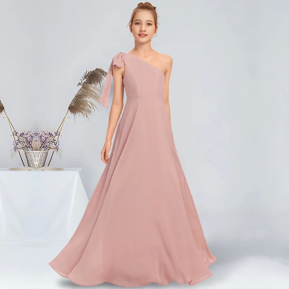 

A-line One Shoulder Floor-Length Chiffon Junior Bridesmaid Dress With Bow Dusty Rose Flower Girl Dress for Wedding Party Teens