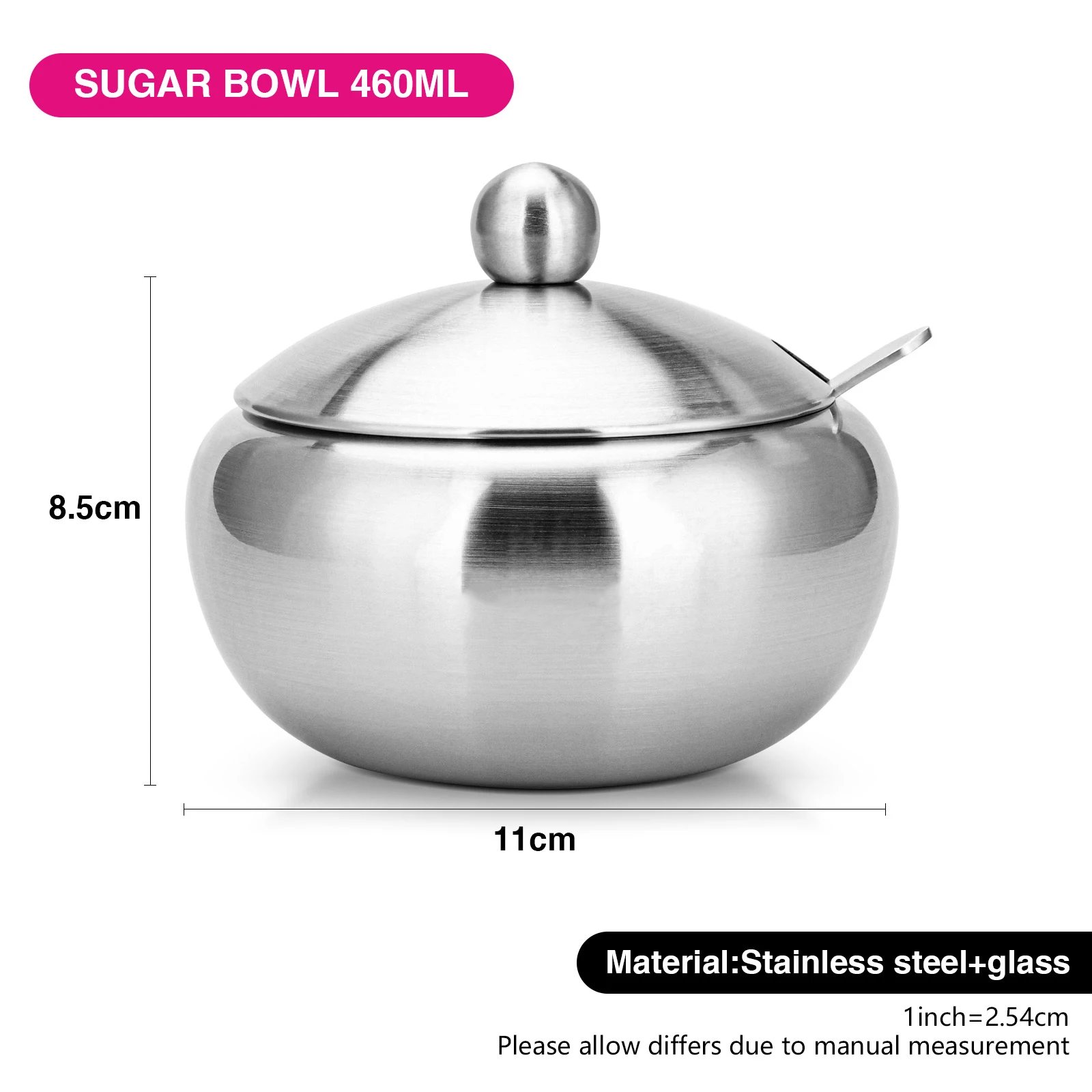 Stainless Steel Sugar Bowl 460ml With Glass Lid And Spoon Seasoning Tank Household Thicker Tank Coffee Jam Salt Spoon Bowl Box view 6