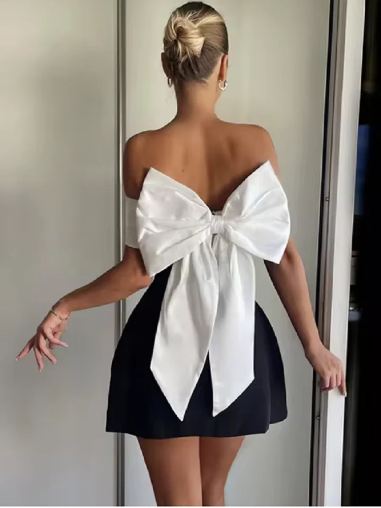 Elegant Back 3d Bow Splicing Sleeveless Dress Woman Sexy Off Shoulder Backless High Waisted Dresses Chic Ladies Party Club Gowns