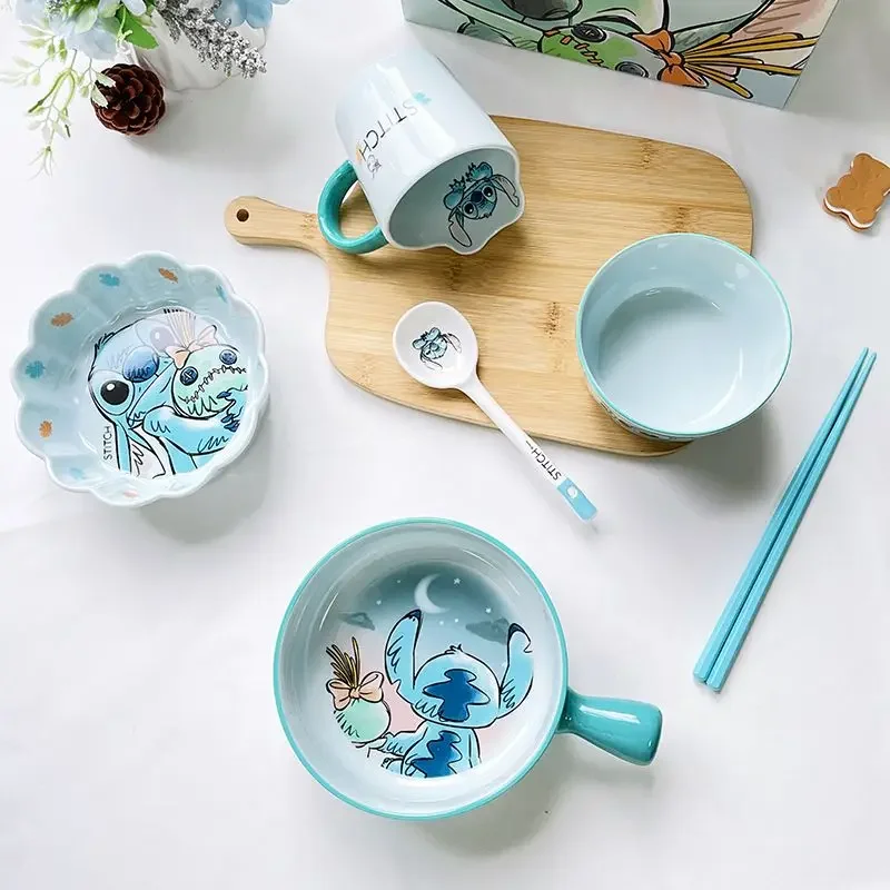 Disney Stitch Tableware Sets High Value Household Cartoon Ceramic Rice Bowl Spoon Chopsticks Meal Bowl Cute Gift for Children
