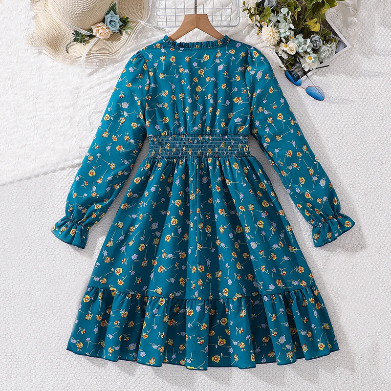 Kids Clothes Children Dress For Girls 8-12 Years Blue Long Sleeve Elastic Waist Floral Printing Fashionable Style