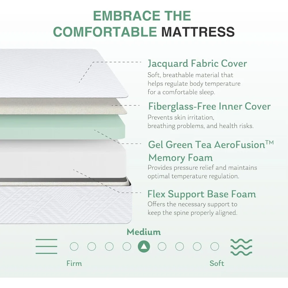 مرتبة كوين متوسطة الحجم مقاس 10 بوصة من إسفنج الذاكرة للشاي الأخضر لسرير منصة وسرير نهاري مزدوج الحجم #4