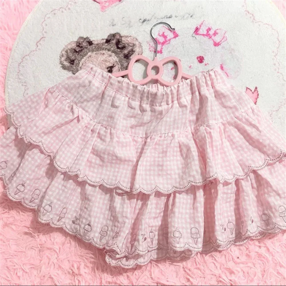 2025 verão cutecore kawaii japonês saia de verão feminino cintura alta jupe rosa xadrez impressão bordado moda mini y2k saias bonitos