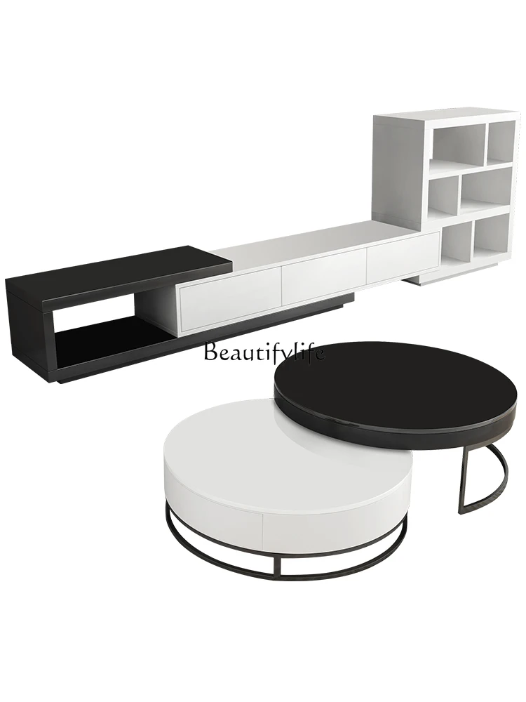 

Light luxury glass modern simple coffee table TV cabinet combination round black and white living room household tea table