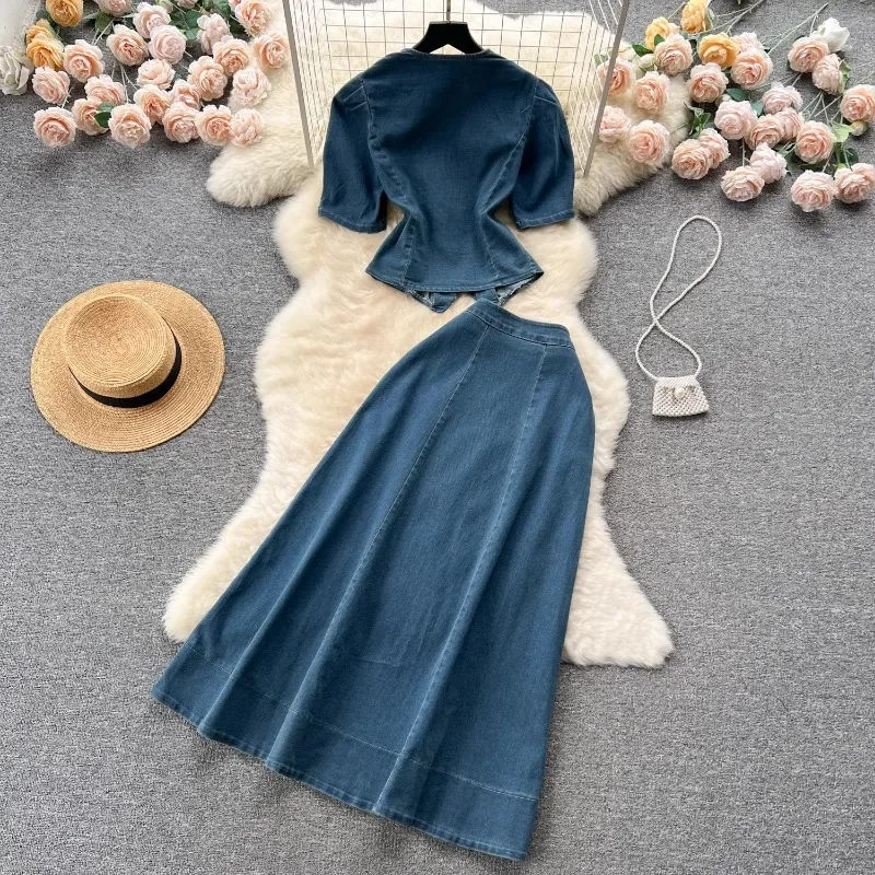 Western Style Denim Dress Set Women Suit New Sexy Retro Square Collar Puff Short Sleeve Shirt Top + High Waist A-line Long Skirt