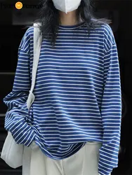 HanOrange 2024 Spring Simple Vintage Stripe T-shirt Women O-Neck Loose Long Sleeve Casual Tees Top Female Blue/White