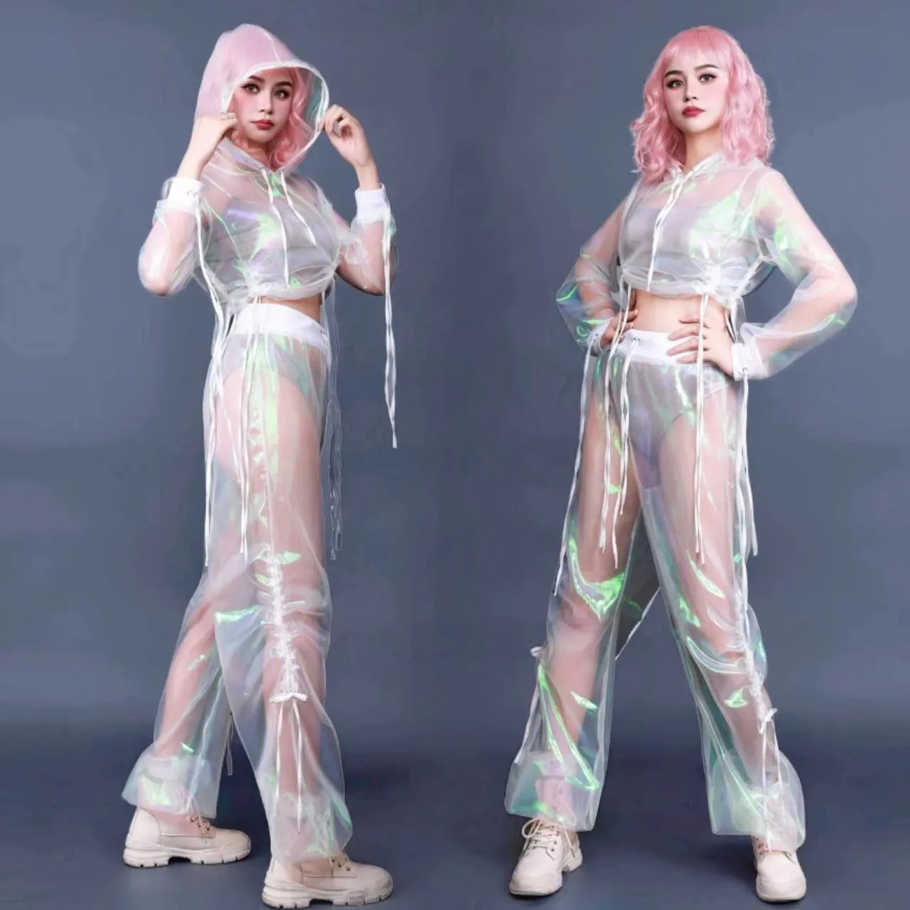Unisex Hip Hop Dance Outfit 2-Piece Set with Transparent Hooded Crop Top And Reflective Pants for Jazz Performance Stage Costume