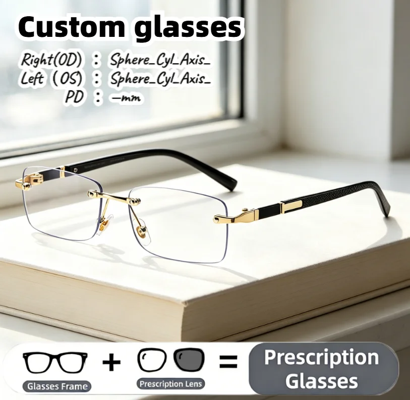 Custom Rimless Gold Prescription Glasses Anti Blue Light Eyeglasses Lightweight Metal Frame for Men Daily Office Business Wear