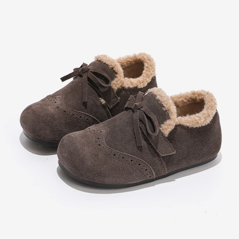 

Girls Plush Shoes Causal Winter Children Fashion Flat Shoes Warm Furry Outdoor Non-slip Kids Simple Cotton Shoes Sweet Bowknot
