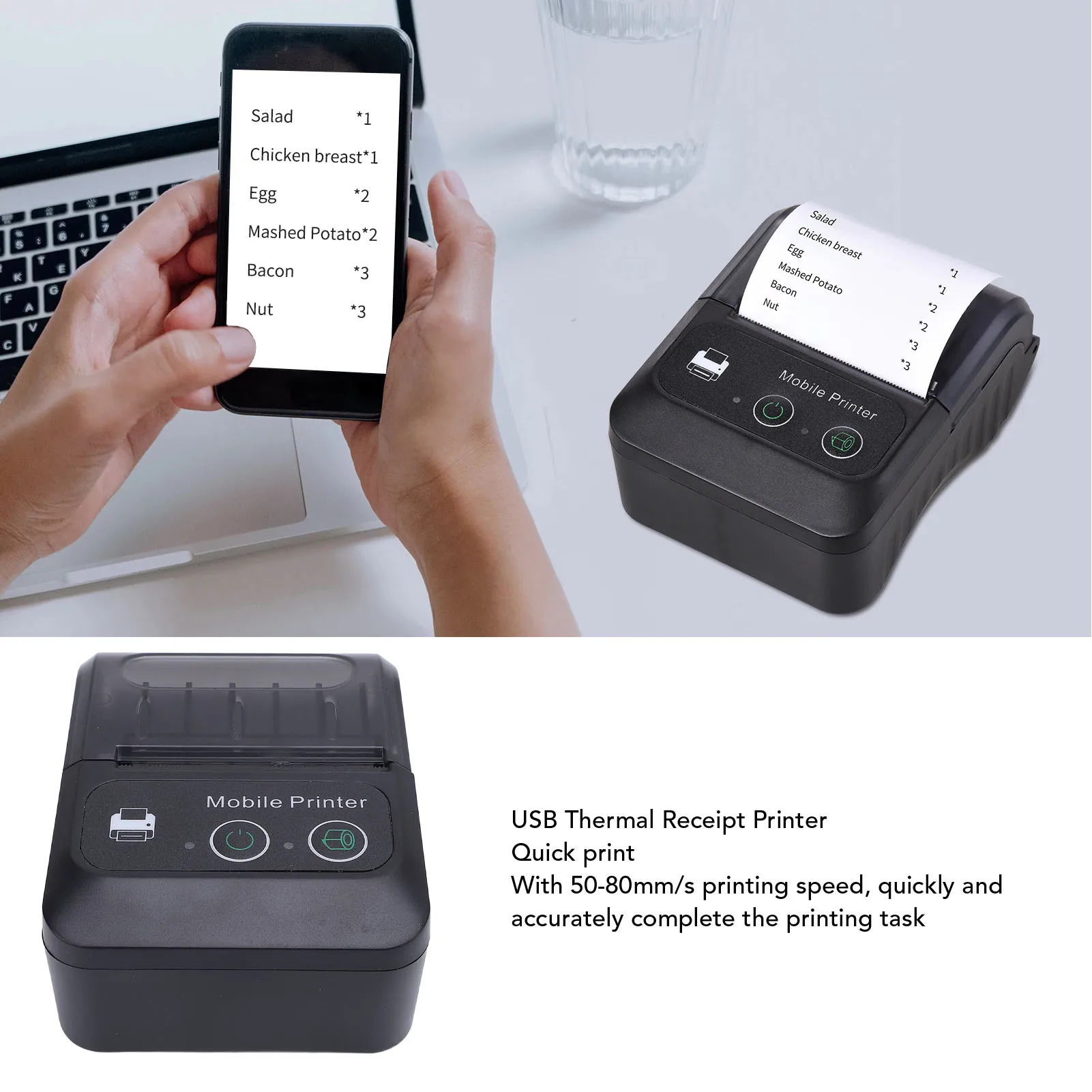 Thermal Receipt Printer 203dpi Resolution 50 To 80mm/s Printing Efficient USB Ticket Printer for Retail for Android