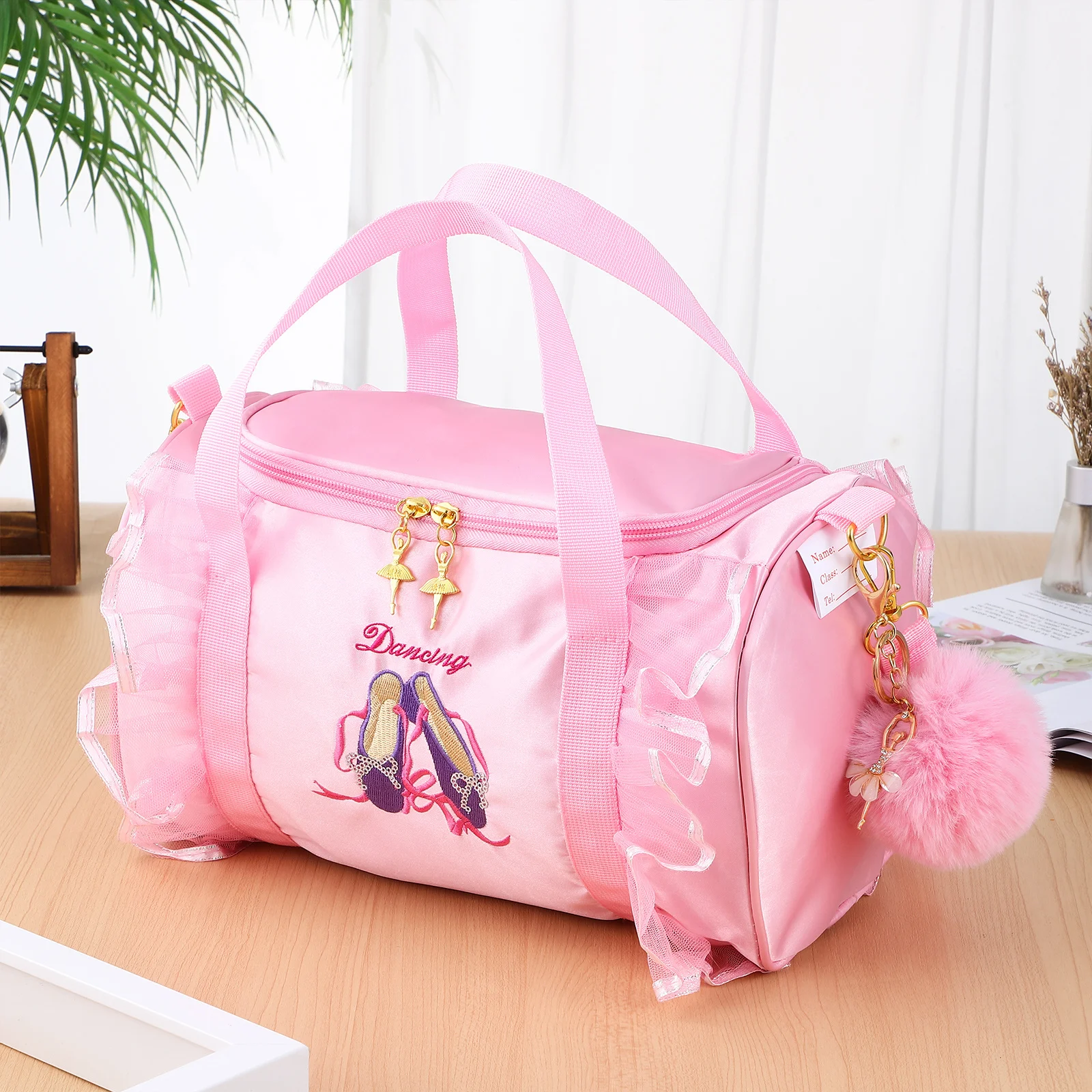 Dance Keychain Deep Pink Ballet Bag Tote Shoulder for Large Capacity Gymnastics Bag Pompom Ball Travel Accessories