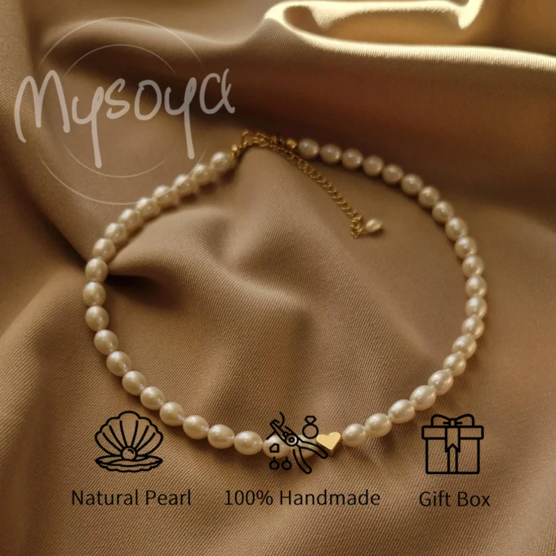 

MYSOYA Rice Baroque Freshwater Pearl Necklace 4-5mm Freshwater Pearl, with Gift Box, Birthday Gifts Wedding Jewelry for Him/ Her