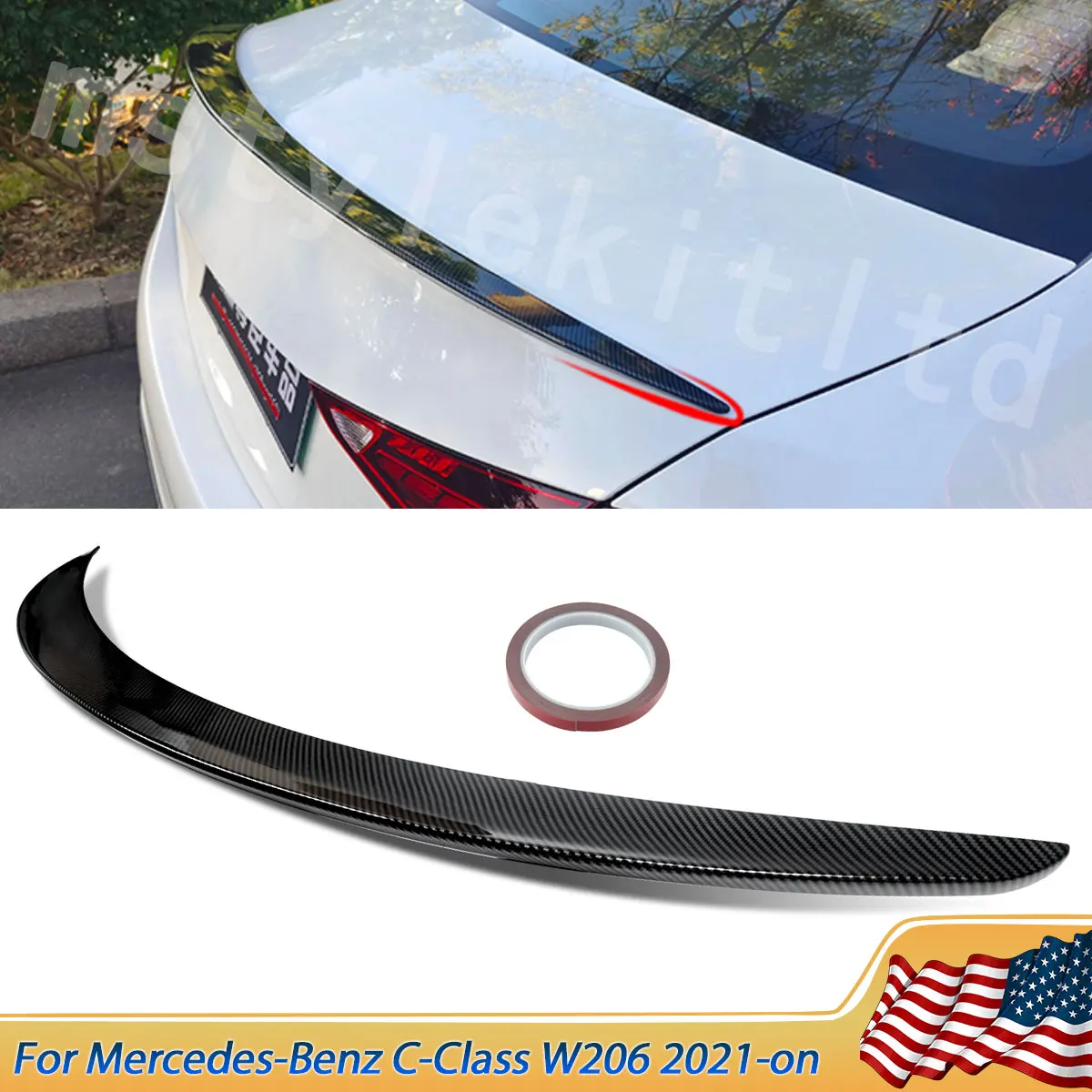 

For Mercedes W206 Carbon Look Rear Spoiler C Class C200 C300 C400 2021 2022 2023 Saloon Rear Boot Lip Spoiler Wing Auto Parts