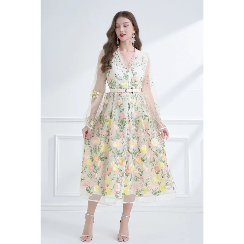 ナタリヤ ヘビー刺繍レースランタンスカート ウエストシェイプド ストリートスタイル ハイウエスト レッドクラウドシルク ロングスカート Vネック...