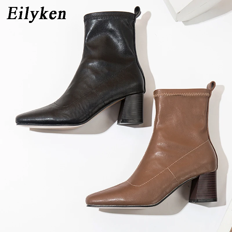 Eilyken Black Brown Autumn Winter Ankle Boots For Women Soft PU Leather Female Square Heels Elastic Boots Size 35-42