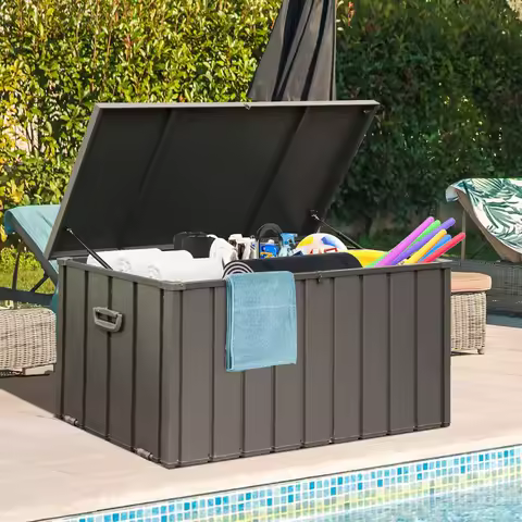 Domi 120 Gallon Deck Box, Outdoor Storage Box Large Metal Storage Cabinet Waterproof Lockable Container for Patio Furniture Cush