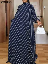 VONDA Fashion Women Striped Maxi Dress 2024 Bohemian High Neck Elegant Long Sundress Autumn Long Puff Sleeve Printed Vestidos