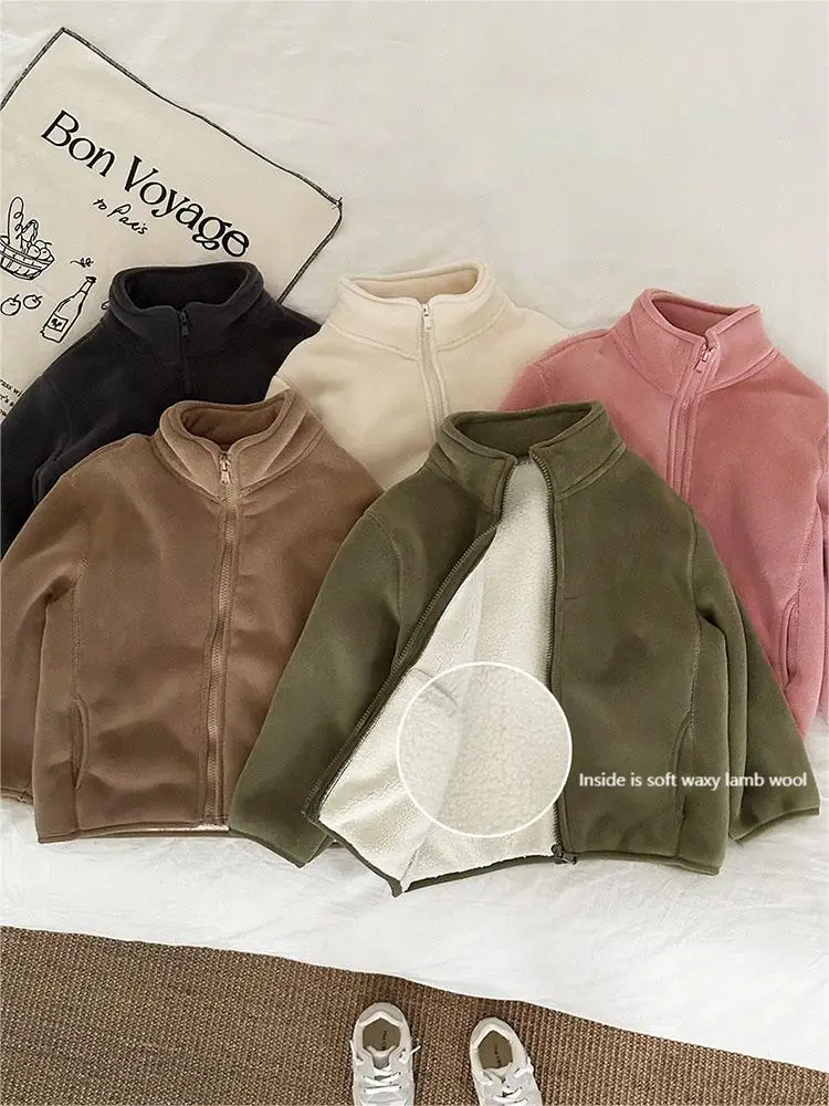 

Fall Winter Solid Polar Fleece Coat For Boys Girls High Collar Long Sleeved Warm Children's Clothes Korean Zipper Kids Outerwear