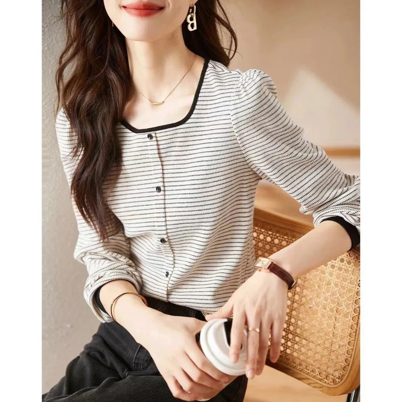 French Stripes 2024 Spring and Autumn New Patchwork Button Loose Square Neck Fashion Casual Elegant Long Sleeved Knitted Tops