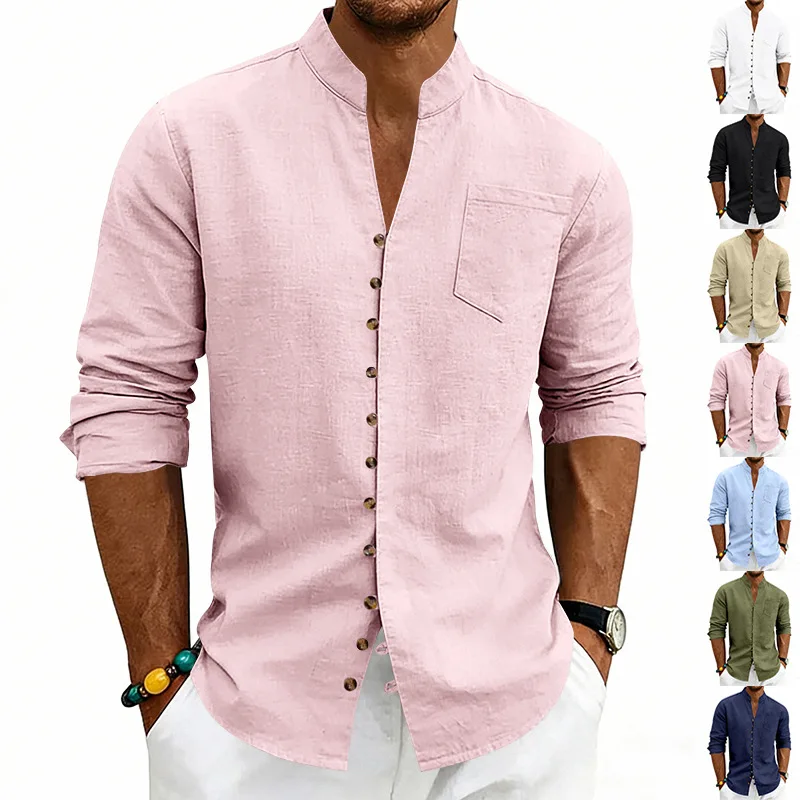 

2026 Spring Summer Men Shirt Linen Stand Collar Long Sleeve Blouse Top