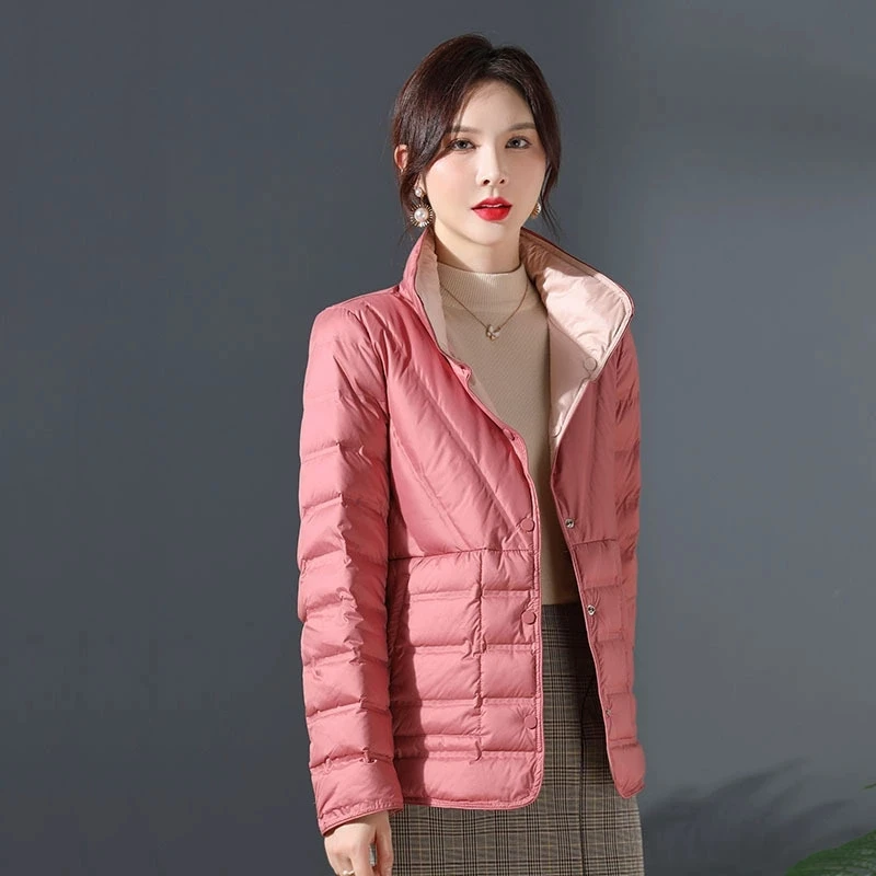 Two-Sided Women Single Breasted Warm Down Jacket Parkas Autumn Winter Light Thin White Duck Down Coat Lady Short Puffer Outwears