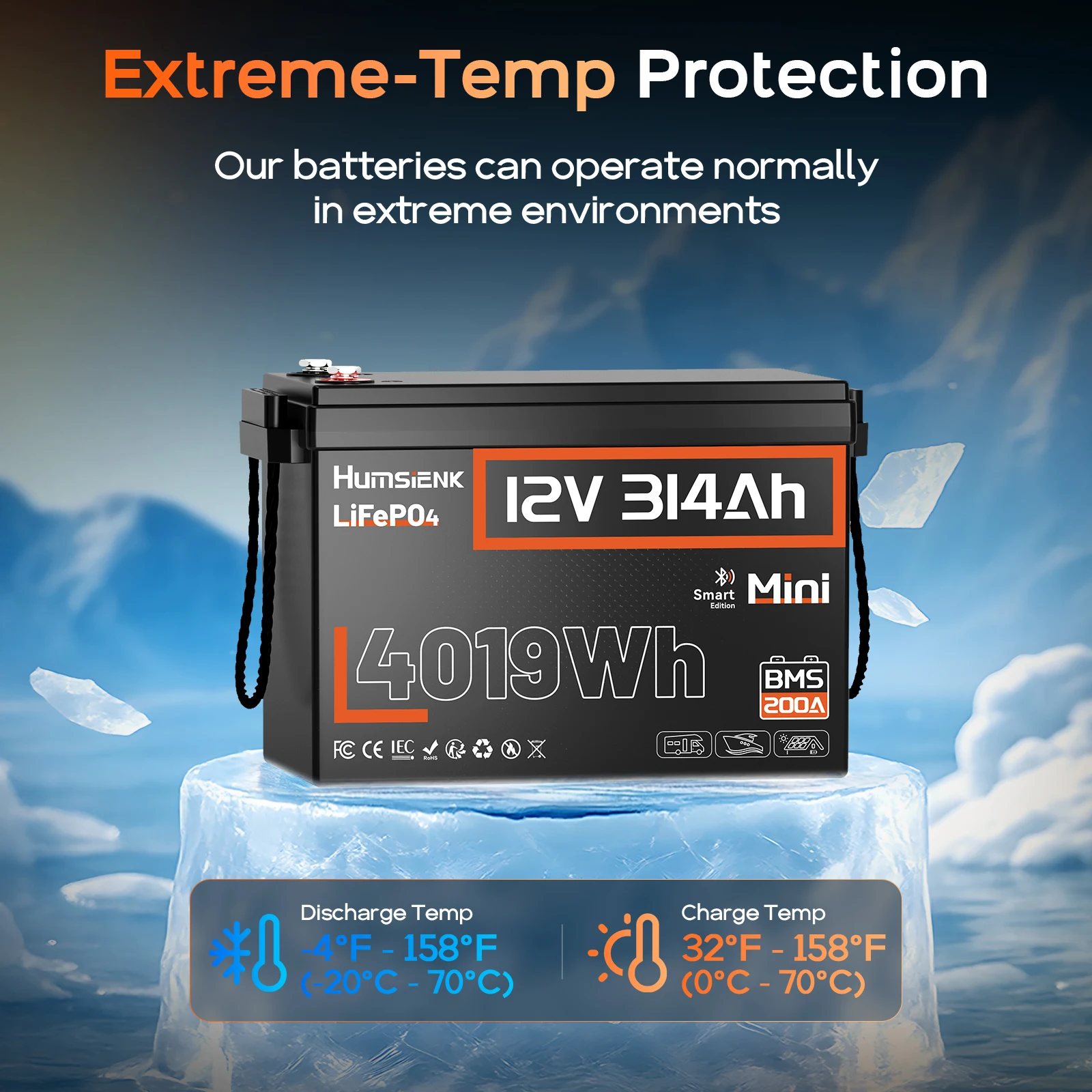 Humsienk 12 فولت 20 أمبير 100 أمبير 200 أمبير 314 أمبير LiFePO4 بطارية خلايا قابلة للشحن 15000 دورة BMS لـ RV/الشاحن/التخييم/التخزين المنزلي/الطاقة الشمسية