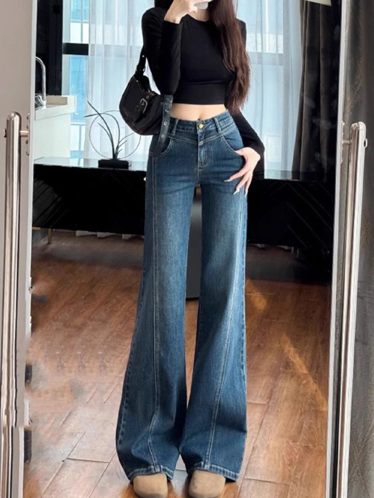 

High Waist Bell Bottom Jeans Women's Slimming Design Sensation Small Audience Drapey Illusory Tall Leg Lengthening Bell Pants