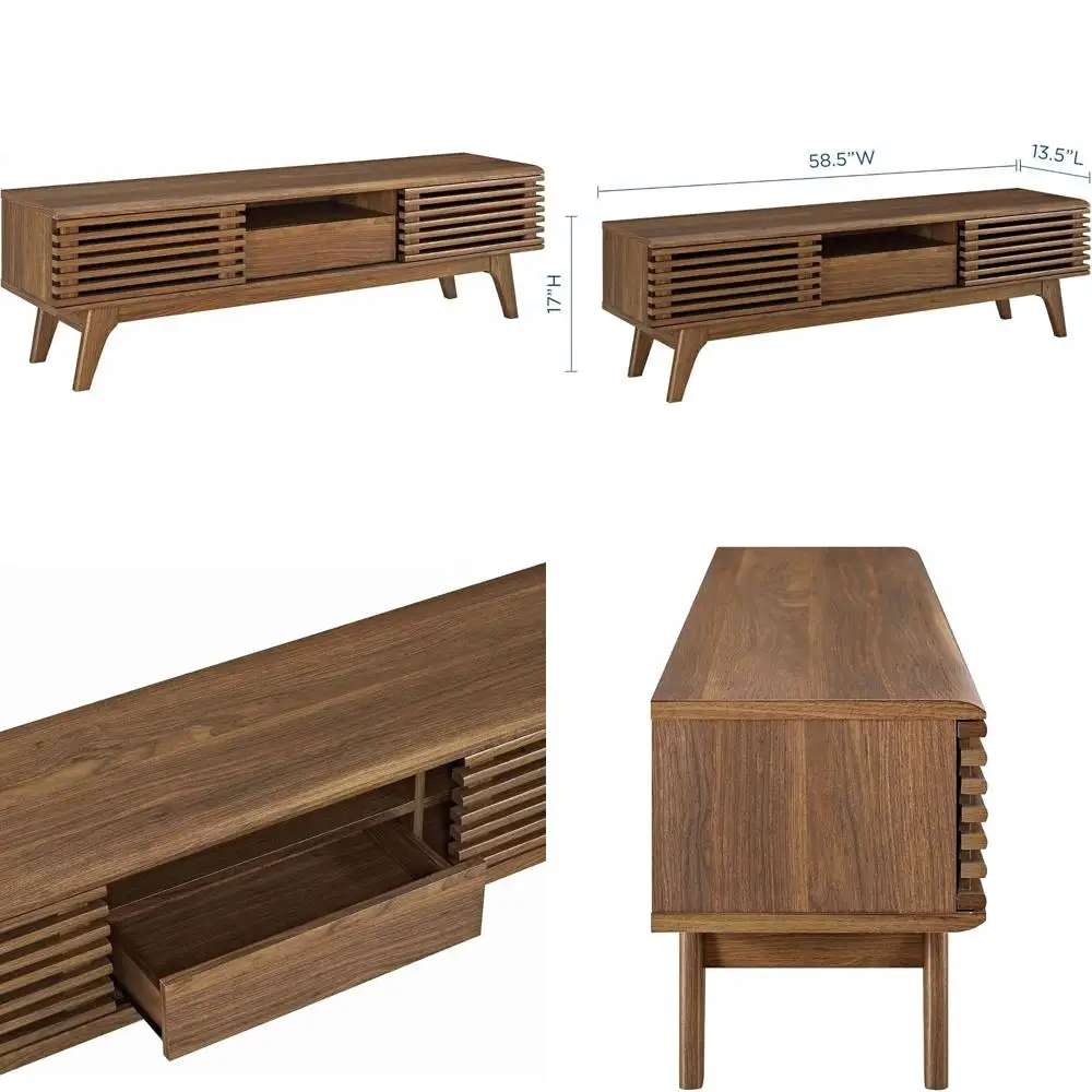 Mid-Century Modern Walnut TV Stand, Low Profile Design, 59 Inch for Stylish Living Room Entertainment
