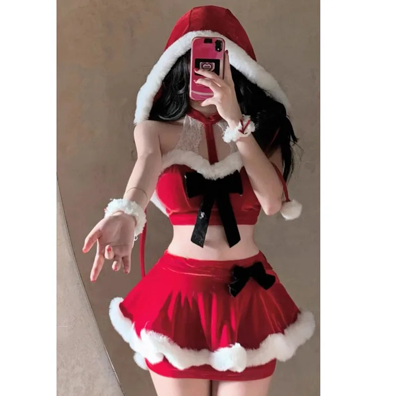 Kostiumy świąteczne dla kobiet Wiszący top na szyję z kapeluszem Zestaw przebierańców Xmas Party Kostium dla dorosłych z czerwonym kapeluszem Santa Cosplay