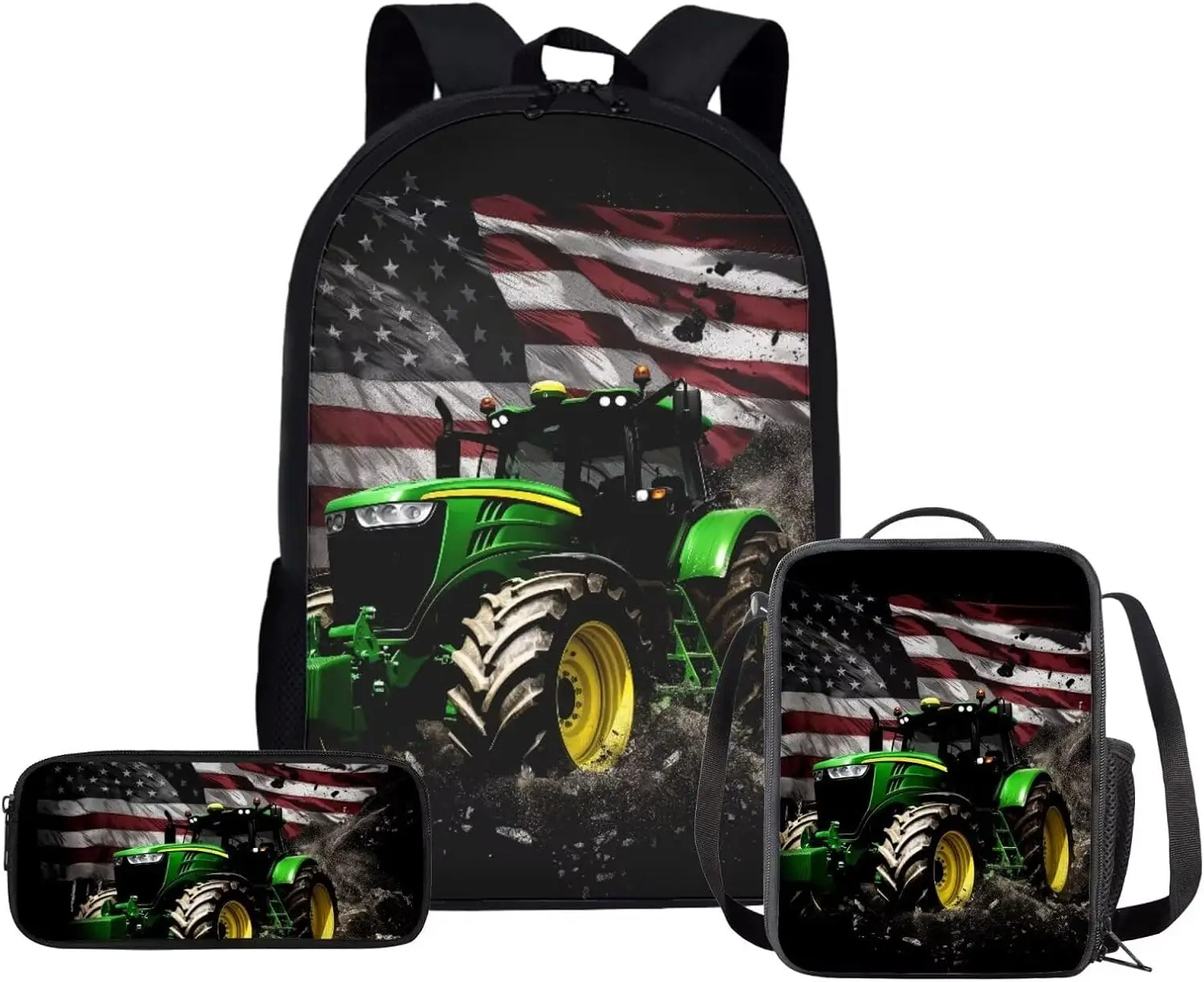 American Flag Tractor Backpack for Boys with Lunch Box Set - Kindergarten to Elementary School Kids 3Pcs Back to School Set
