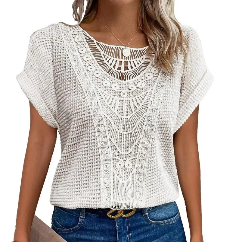 Pop Fashion Lace Stitching T-shirt For Women's Tops Summer Casual Round Neck Office Ladies Clothes Short-sleeved Loose Tees Wome