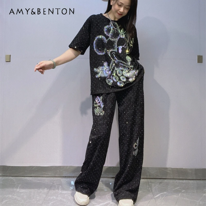 

American Tie-dye Rhinestone O-neck Short-sleeves Top + Long Pants Oversized Outfit Women New Summer Wide-leg Pants Two-piece Set