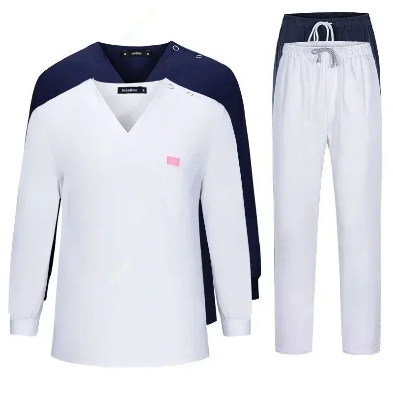 New White Long-sleeved Set Autumn/winter Lab Medical Uniform Top Elastic Pants Wholesale Hospital Doctor Nursing Scrub Clothes