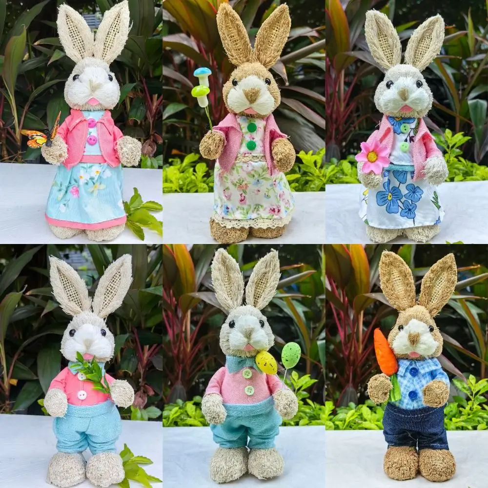 

New High-25cm Straw Rabbits Handmade DIY Garden Statues Hand Weave Gift Rabbit Straw Figures Wedding Ornament