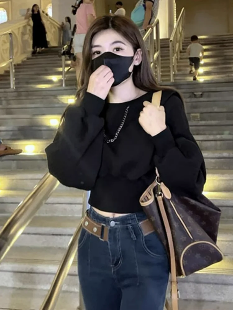 

Slim Fit Short Sleeve Long Sleeve round Neck Sweatshirt Women's Spring New Style Waist Cinched Casual Comfortable Hoodie